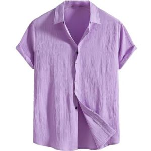 Dcvmvmn Heren zomer shirt met korte mouwen losse effen knoop korte mouw grote maat katoenen overhemd, Paars, XL