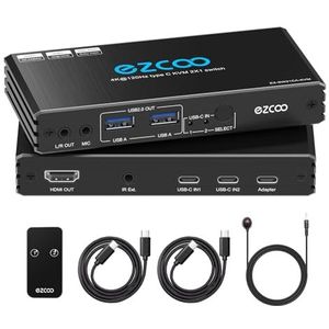 ROFAVEZCO 4K @120Hz USB-C KVM Switch HDMI 2.1 2 laptops met 2 USB 2.0 poorten L/R MIC Out Share 1 monitor toetsenbord muis harde schijf printer met PD100W voeding, 2 type C-kabel, IR-afstandsbediening