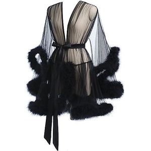 PANIES Lingerie voor vrouwen Kant Kimono badjas Sheer Gown Feather Bridal Robe Nachtjapon Badjas met bont,001,S