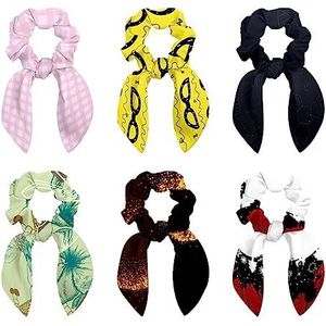 6 STKS Haar Sjaal Scruncheis voor Vrouwen Meisjes, Lint Strik Elastische Haarbanden Bands Satijn Haar Lint Scrunchy Paardenstaart Houder Accessoires, Gele Zomer Bril