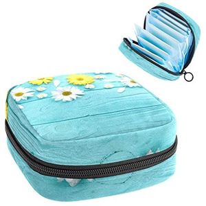 Geel Wit Bloemen Houten,Periode Pouch Draagbaar,Tampon Opbergtas,Tampon Houder voor Portemonnee Vrouwelijke Product Organizer, Meerkleurig, 4.7x6.6x6.6 in/12x17x17 cm