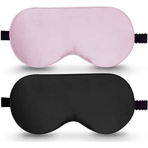 BeeVines Zijden slaapmasker, 2-pack 100% echt natuurlijk, puur zijden oogmasker met verstelbare riem, oogslaapmasker, voor zomerreizen Vermindert gezwollen ogen (01 Zwart & Roze)
