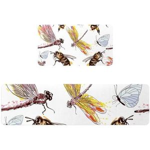 VAPOKF 2 stuks keukenmat aquarel libelbijen en vlinder, antislip wasbaar vloertapijt, absorberende keukenmat loper tapijt voor keuken, hal, wasruimte