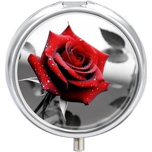 ZLFDSKGY Ronde pillendoos, zwart en wit rood roos bedrukte pillen bevatten,Retro kleine pillenetui, reispillendoos, draagbare medicijndoos met compartiment medicijnkoffer