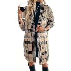 Dames Color Block Lange Cardigan, Grof Geruit Oversized Open Voorkant Trui Jas(Khaki,XL)