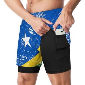 Solomon Eilanden Retro Vlag Grappige Zwembroek met Compressie Liner & Pocket Voor Mannen Board Zwemmen Sport Shorts