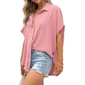CupitiDU Dames Casual Knop Korte Mouw Split Zoom Shirt Effen Kleur Tops, Zomer V-hals Knop Voorkant Tops met Zak, roze, XXL