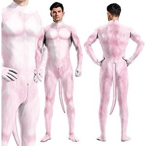 Mens Koe Kostuum Dieren Husky Cosplay Bodysuit Donkey 3D Print Jumpsuit Halloween Kerstmis Carnaval Maskerade Party Fancy Dress Up Zentai Outfit met staart voor volwassenen,Pink Pig-L