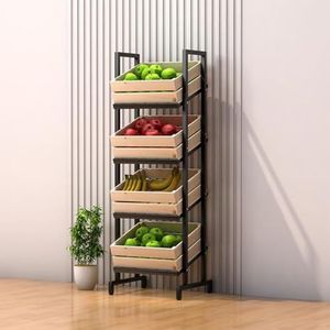MegLob Houten 1 Set Retail Display Rack, Fruit En Groente Organisator Met Massieve Houten Mand, Professionele Boerenmarktweergave Standplank, Boerderij Serveerstand Voor Markt,Light 4 with wheels