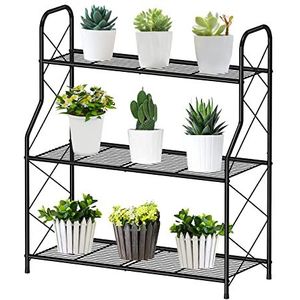 Bomclap Plantenrek, bloemenrek, metaal, 3 standen, plantenstandaard, bloempothouder voor outdoor, indoor, balkon, tuin, multifunctioneel bloemenrek met grote capaciteit, zwart