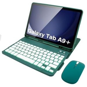 Toetsenbordhoes Voor Samsung Galaxy Tab A9 Plus / A9+ 11 Inch 2023, 360 Graden Draaibare Hoes met Verlicht Afneembaar Toetsenbord, Bluetooth-Muis,Deep green