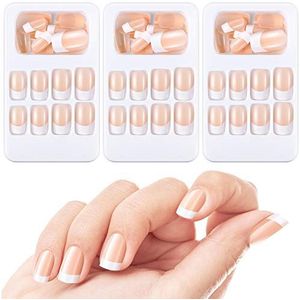 72 stuks Franse kunstnagels, 12 verschillende maten, korte medium kunstnagels, nepnagels, volledige dekking, vingernagels met nagelvijlen, stokje en wattenschijfje voor nageldecoraties, nude kleur