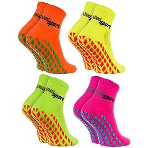 Rainbow Socks - Man Vrouw Badstof Anti-slip Sport Enkelsokken Neon - 4 Pairs - Oranje Groen Roze Geel - Maat EU 44-46