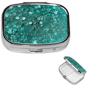 Pillendoos met 2 vakken, kleine pillendoos voor handtas en tas, reispillendoos, turquoise met glitter, mooie medicijnorganizer voor vitaminen, visolie