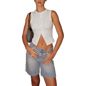 Vrouwen gehaakte dikke gebreide top mouwloze button down crop tops trendy vest trui vest for vrouwen(White B,Medium)