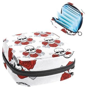 Opbergtas voor maandverband, menstruatiecup zakje, menstruatiezak, organizer voor vrouwelijke pads, tampons, schedels rode rozen patroon