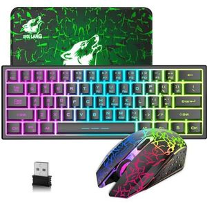 60% Compact Draadloze Gaming-toetsenbord Muis Combo, 61 Sleutels 3800mAh Oplaadbaar RGB Backlit Keyboard, 2400DPI 6 Knop Regenboog Ademen Licht Mouse, Compatibel PC/Laptop/Computer - Zwart