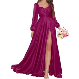 AHERKLL Bruidsmeisjesjurken met lange mouwen voor bruiloft, satijnen formele avondfeest, maxi-jurk met split HAH056, Fuchsia, 40