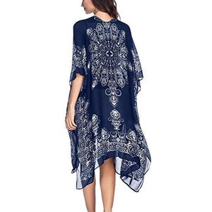 HIKARO Badpak voor dames, strandbedekking, kimono, vest, boho, bloemenprint, losse casual badkleding, marineblauw, One size