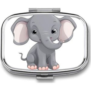 Vierkante pillendoos draagbare houder organisator pillendoosje mini metalen medicijndoos schattige cartoon olifant bedrukte medicijnpillendispenser dubbel compartiment voor zak of portemonnee