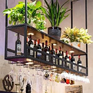 Wijnrekken Rustiek wijnrek aan de muur gemonteerd met glazen houder, hangende bar, wijnglazen rek, plafond met 4 lampen, wijnplanken Bar (Color : Noir, Size : 120x30cm)
