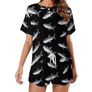 Cartoon Shark Zachte Womens Pyjama Korte Mouw Pyjama Loungewear met Zakken Gift voor Thuis Strand S