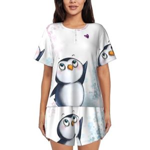 RIVETECH I Love Penguins Print Dames Pyjama Set Korte Mouwen Pyjama Set Pyjama Lounge Set Met Zakken, Zwart, M