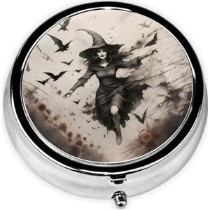 Stijlvolle ronde pillenetui Halloween heksen metalen pillendoos 3 compartimenten medicijnpillenhouder draagbare pillenorganizer doseerdoos, kleine pillendoos voor reizen voor portemonnee en zak