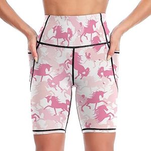 Roze Camouflage Eenhoorn Dames Yoga Biker Shorts Hoge Taille Workout Broek Met Zakken