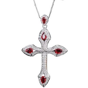 Kettingen voor vrouwen 5 * 7 mm smaragd robijn saffier kruis hanger kettingen for dames edelsteen sieraden dame geschenken (Color : Red_Onesize)