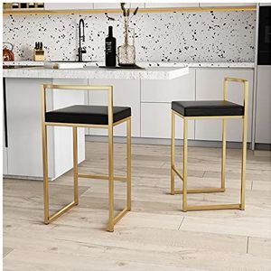 GZDZ Barstoelen stoelen barkrukken, barkrukken set van 2 zwarte PU lederen ontbijt barstoelen met rugleuningen en gouden metalen poten, 2 stuks keuken toonbank hoge barkrukken (hoogte 55 cm)