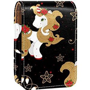 Kerst Eenhoorn Magisch Bloemenpatroon Draagbare Lipstick Case voor Reizen, Mini Lipstick Opbergdoos met Spiegel voor Vrouwen Dames, Lederen Cosmetische Pouch, Meerkleurig, 9.5x2x7 cm/3.7x0.8x2.7 in
