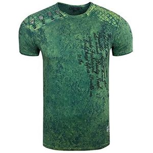 Rusty Neal Heren T-shirt Oxid Washed Vintage 'ORIGINAL NOS' T-shirt heren knoopsluiting ronde hals stretch 195, groen, S