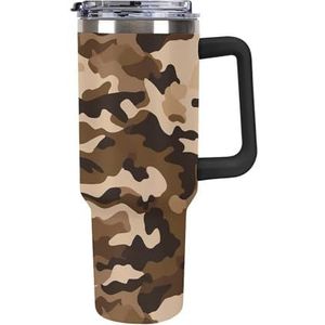STVNKML 40 oz beker met handvat bruine camouflage roestvrijstalen koffiemok herbruikbare reismok lekvrije geïsoleerde autobeker grote capaciteit beker voor reizen, buiten, thuisgebruik (zwart)