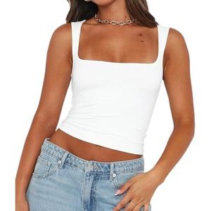 Zomer Mouwloze Tanktop voor Dames, Slanke Stretch Cami-shirt met Vierkante Hals, Crop-casual Tops(Color:White,Size:M)