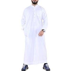 Mens Thobe Jubba Nehru Stand kraag islamitische kleding moslim katoen kaftan jurk gewaad Saoedi-Arabië, Wit, L