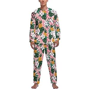 Hawaiiaanse ananas zachte herenpyjama set comfortabele loungewear top en broek met lange mouwen geschenken 2XL