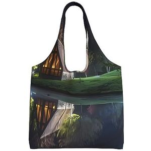 DEHIWI Chalet By The Lake Tote Bag Voor Vrouwen Schouder Handtassen Grote Capaciteit Boodschappentas Voor Werk School College Reizen Winkelen, Zwart, Eén maat