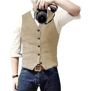 Solovedress Casual wollen vest met visgraatpatroon voor onder pak, v-hals, tweedvest voor bruiloft, groomsmen, champagne, XL