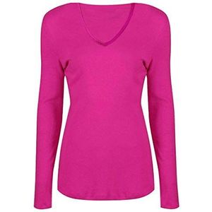 FAIRY BOUTIQUE Womens lange mouw effen rekbare t-shirt dames V-hals slim fit casual wear top, Fuchsia, 34/36 NL