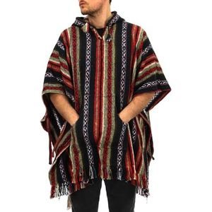 LOUDelephant poncho met capuchon van 100% geweven katoen, Gheri-stijl, Mexicaanse stijl, zwart/rood