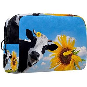 Cosmetische tas voor dames,kleine make-uptas voor portemonnee,Blauwe hemel zonnebloem koe,Cosmetische reistas,make-uptasje