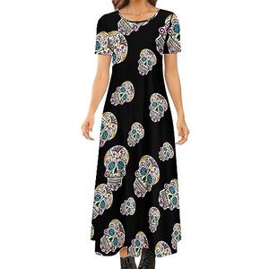 Bloemen Schedel Vrouwen Zomer Casual Korte Mouw Maxi Jurk Ronde Hals Gedrukt Lange Jurken 4XL