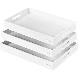 Navaris set 3x bamboe dienblad - Houten dienbladen rechthoek in 3 maten - Voor het serveren van koffie, thee, gebak en hapjes - Wit