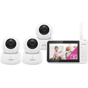 VTech Video-babyfoon met 3 camera's, 5 inch LCD-scherm, tot 17 uur video & 31 uur audio-batterijduur, nachtzicht, bereik van 1000 voet, pan-tilt-zoom, slaapliedjes, rustgevende geluiden