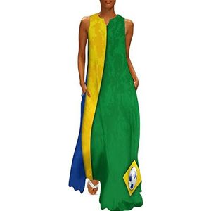 Voetbal met Braziliaanse nationale vlag dames enkellengte jurk slanke pasvorm mouwloze maxi-jurken casual zonnejurk 3XL