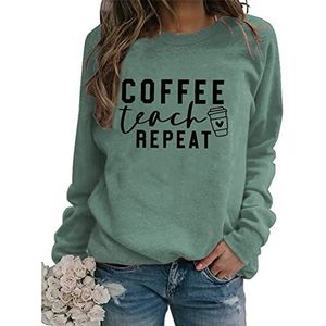 Women Coffee Teach Repeat Casual Sweatshirts Crewneck Graphic Sweaters Long Sleeve Teacher Gift Loose Pullovers Tops