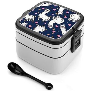Leuke Alpaca's Roze Hart Bento Lunch Box Dubbellaags Alles-in-een Stapelbare Lunch Container Inclusief Lepel met Handvat