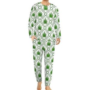 Groene onkruid blad patroon comfortabele heren pyjama set ronde hals lange mouw loungewear met zakken 4XL