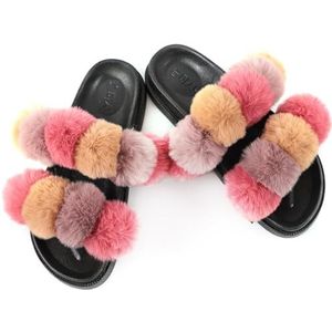 yeeplant Pom Pom Ball Pluizige Fuzzy Mode Open Teen Platte Slides Zachte Slippers voor Vrouwen Indoor Outdoor, Multi kleuren 7, one size